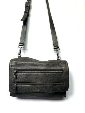 Treasure & Bond Dark Gunmetal Gray Soft Black Leather Foldover Crossbody Bag Zip